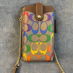 Coach Phone Crossbody In Rainbow Signature Canvas and Gold Accents C9943